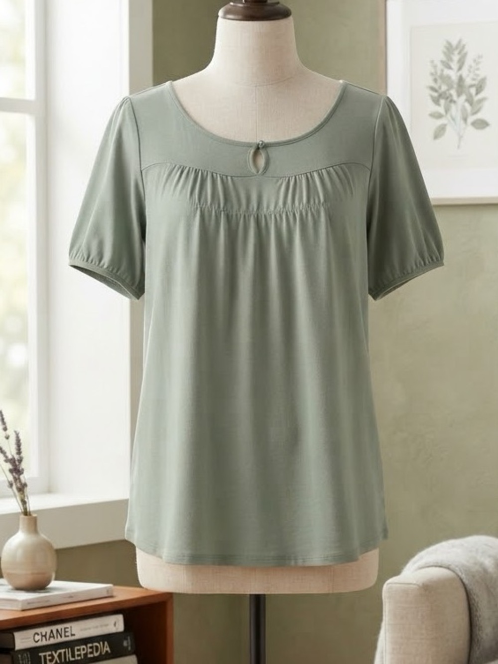 LOFT Sage Green Short Sleeve Scoop Neck Top with Keyhole